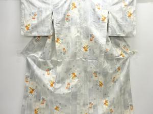 アンティーク　草花模様織り出し手織り紬単衣着物